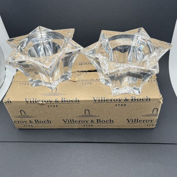 2 Vtg Villeroy & Boch Germany Lg Glass Star Votive Candle Holders Lucca 4.75" - Picture 2 of 16